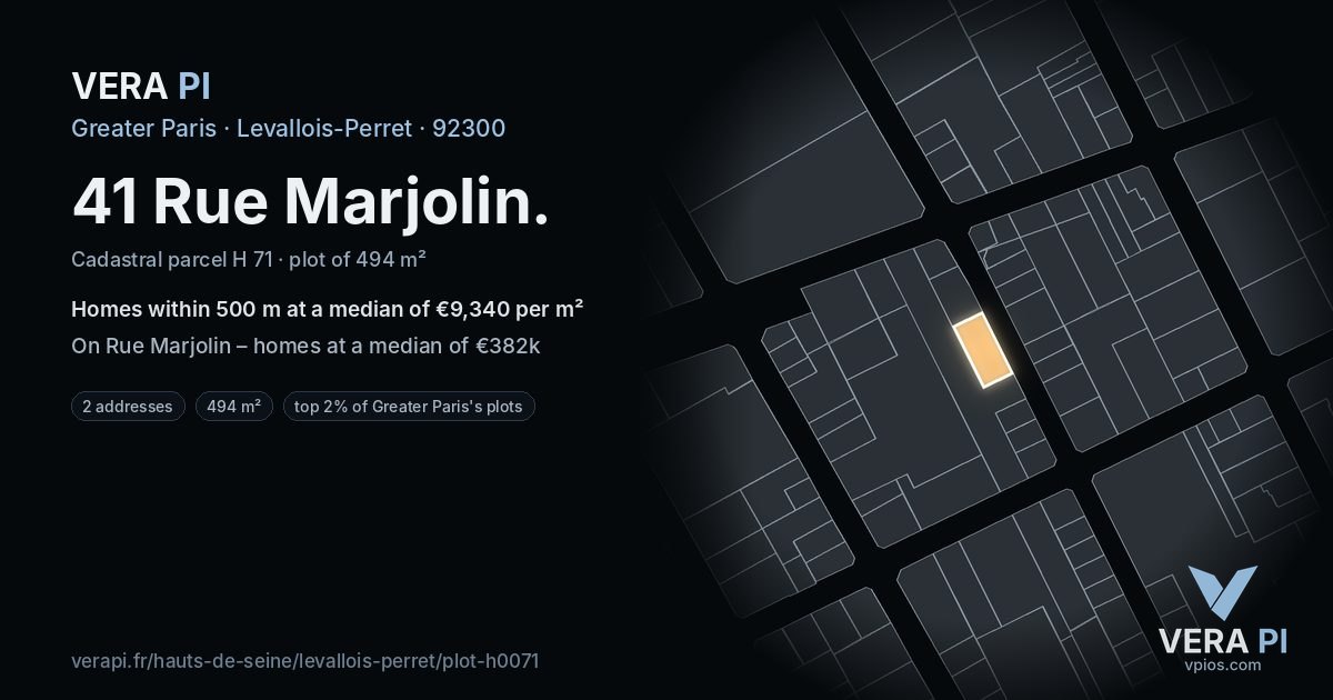 41 Rue Marjolin, Levallois-Perret at night – the plot lit, the parcels around coloured by the prices near them