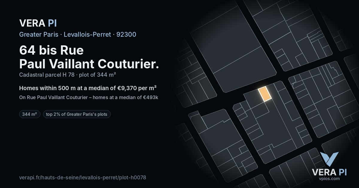 64 bis Rue Paul Vaillant Couturier, Levallois-Perret at night – the plot lit, the parcels around coloured by the prices near them