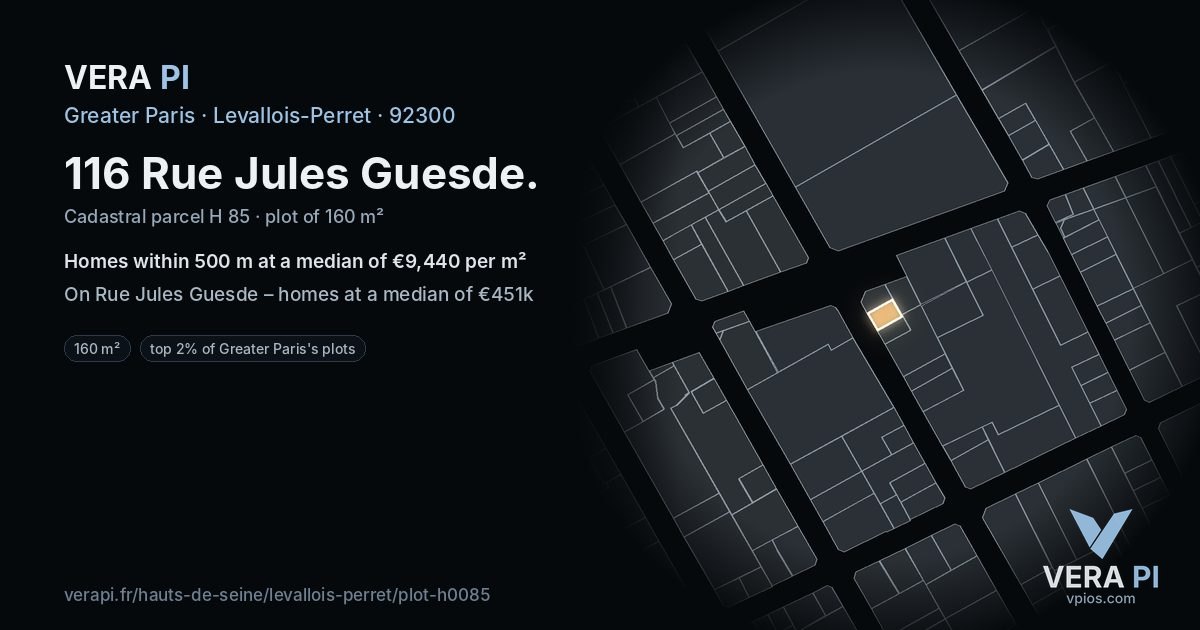 116 Rue Jules Guesde, Levallois-Perret at night – the plot lit, the parcels around coloured by the prices near them