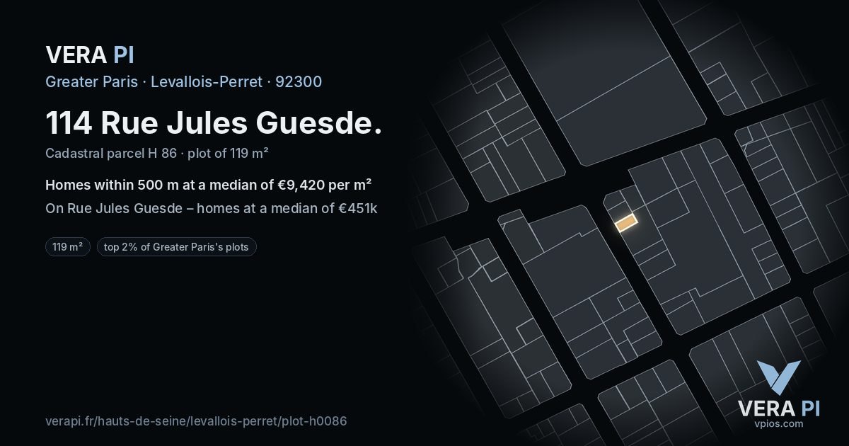 114 Rue Jules Guesde, Levallois-Perret at night – the plot lit, the parcels around coloured by the prices near them