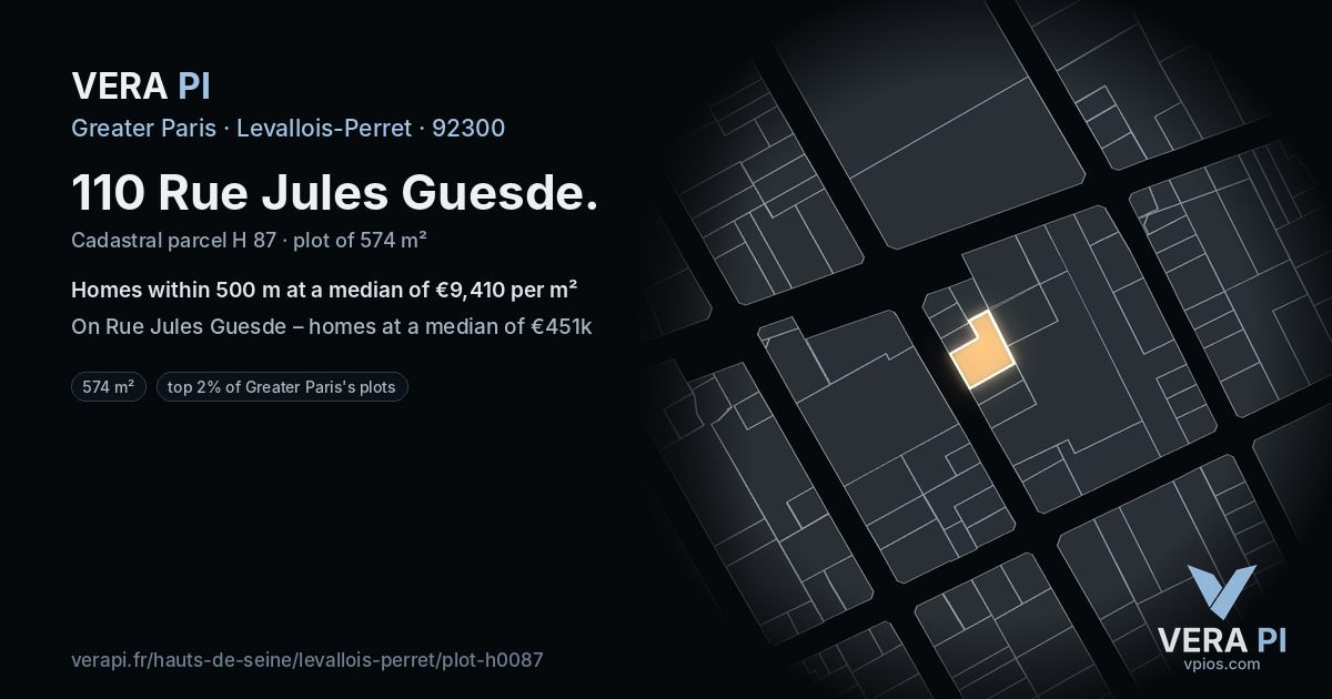 110 Rue Jules Guesde, Levallois-Perret at night – the plot lit, the parcels around coloured by the prices near them