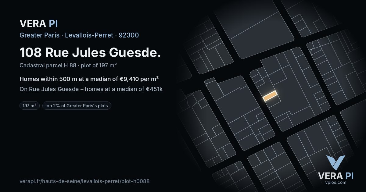 108 Rue Jules Guesde, Levallois-Perret at night – the plot lit, the parcels around coloured by the prices near them