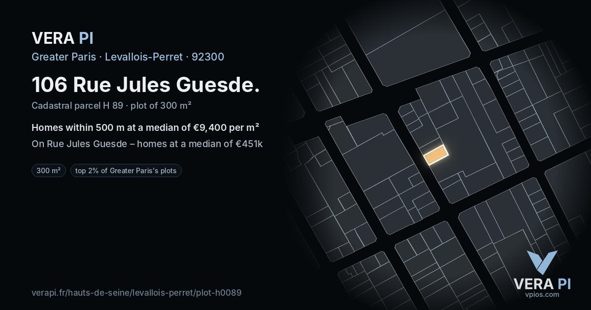 106 Rue Jules Guesde, Levallois-Perret at night – the plot lit, the parcels around coloured by the prices near them