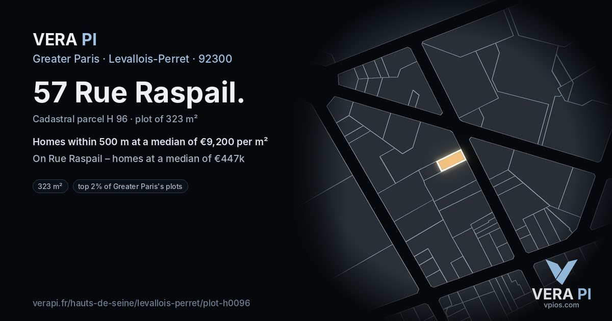 57 Rue Raspail, Levallois-Perret at night – the plot lit, the parcels around coloured by the prices near them
