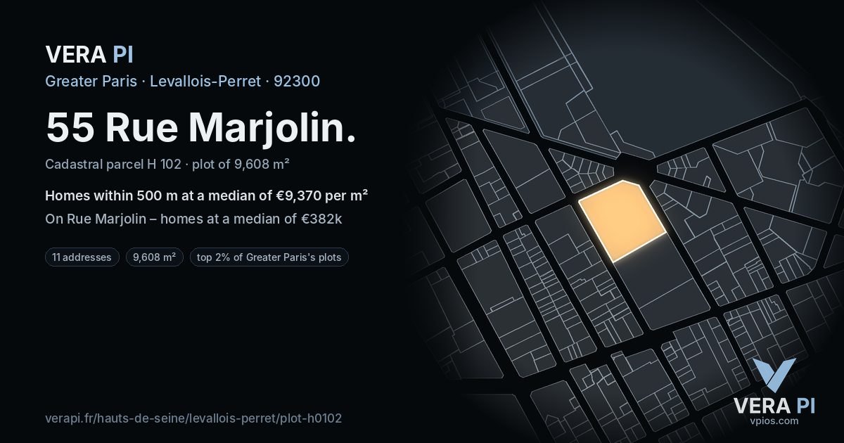 55 Rue Marjolin, Levallois-Perret at night – the plot lit, the parcels around coloured by the prices near them