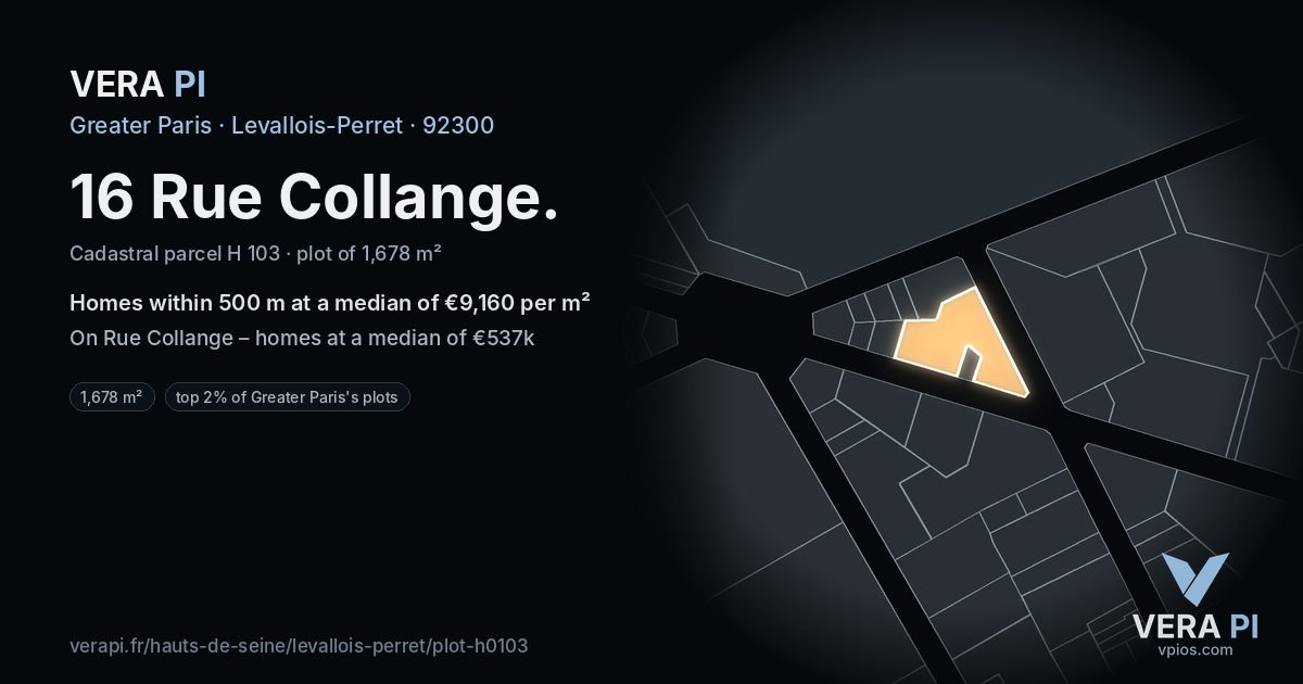 16 Rue Collange, Levallois-Perret at night – the plot lit, the parcels around coloured by the prices near them