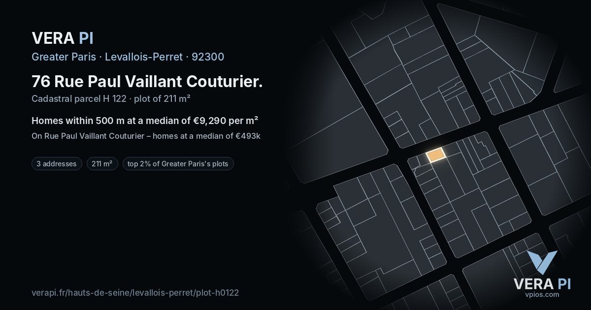 76 Rue Paul Vaillant Couturier, Levallois-Perret at night – the plot lit, the parcels around coloured by the prices near them