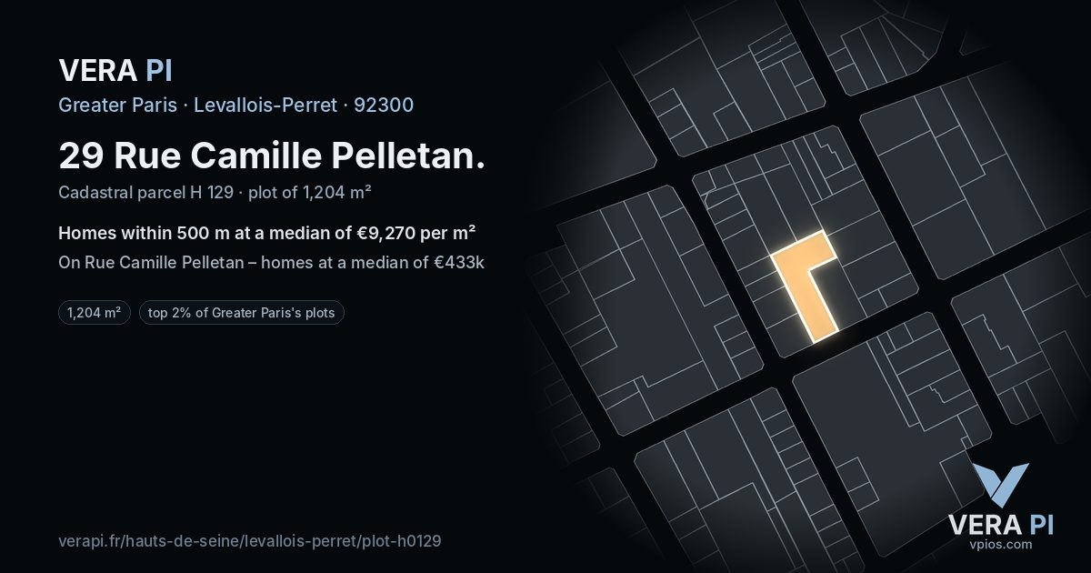 29 Rue Camille Pelletan, Levallois-Perret at night – the plot lit, the parcels around coloured by the prices near them