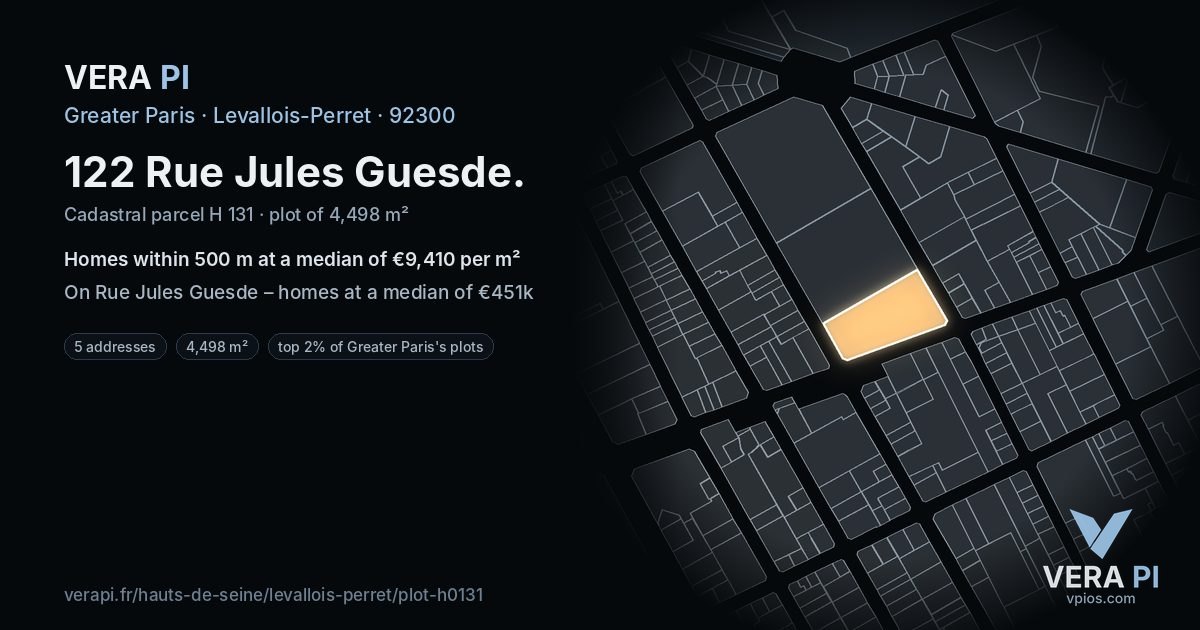 122 Rue Jules Guesde, Levallois-Perret at night – the plot lit, the parcels around coloured by the prices near them