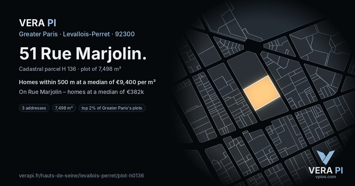 51 Rue Marjolin, Levallois-Perret at night – the plot lit, the parcels around coloured by the prices near them