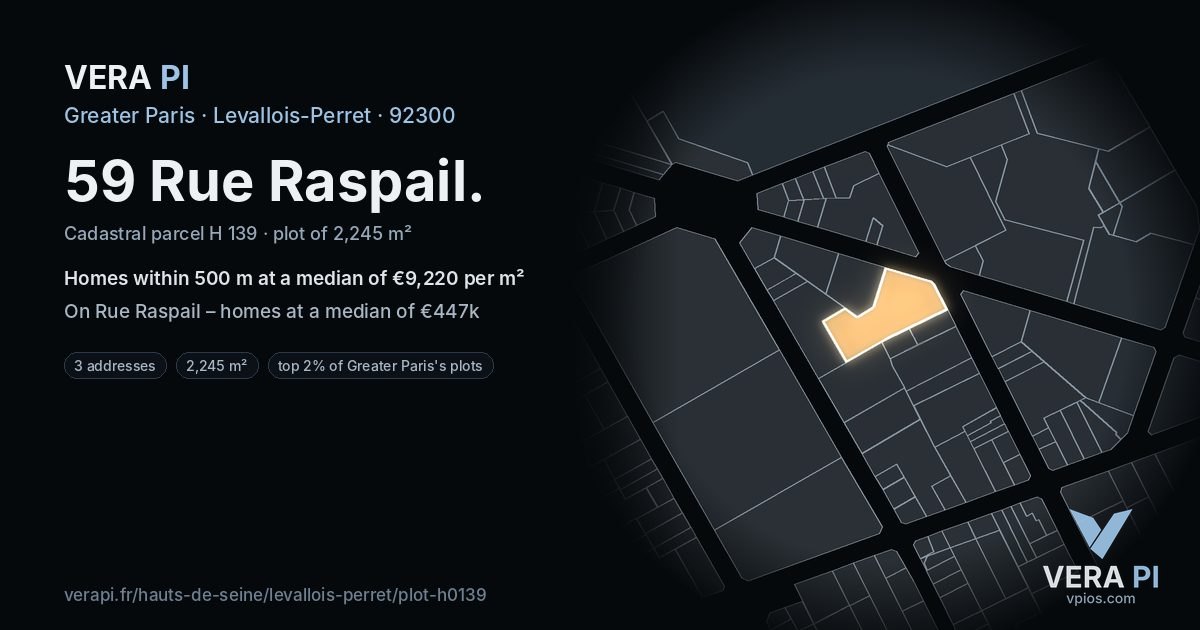 59 Rue Raspail, Levallois-Perret at night – the plot lit, the parcels around coloured by the prices near them