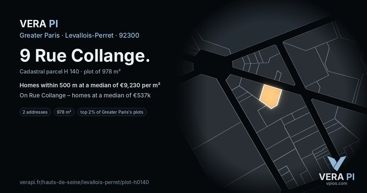 9 Rue Collange, Levallois-Perret at night – the plot lit, the parcels around coloured by the prices near them