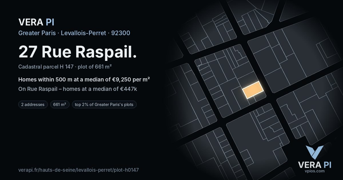 27 Rue Raspail, Levallois-Perret at night – the plot lit, the parcels around coloured by the prices near them