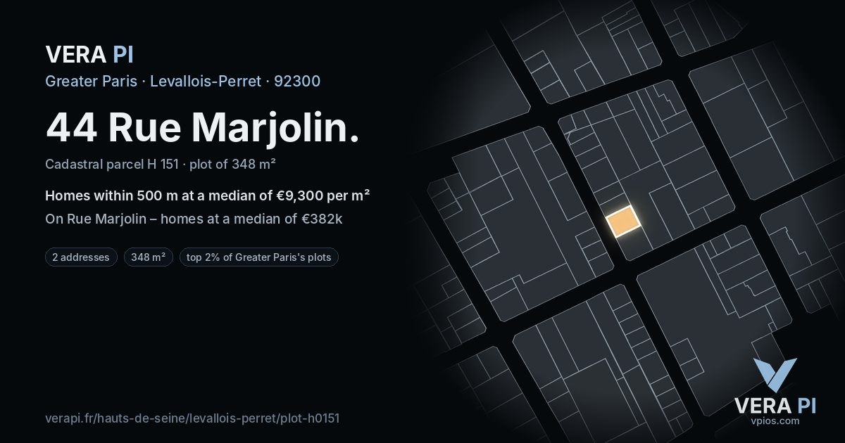 44 Rue Marjolin, Levallois-Perret at night – the plot lit, the parcels around coloured by the prices near them