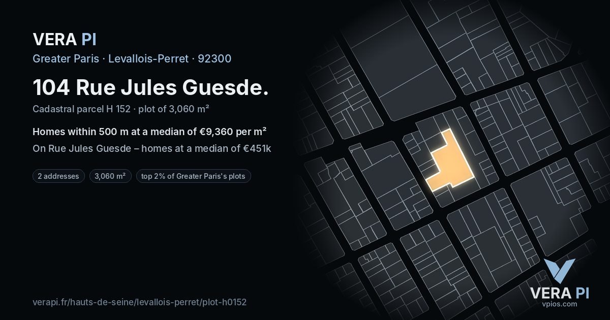 104 Rue Jules Guesde, Levallois-Perret at night – the plot lit, the parcels around coloured by the prices near them