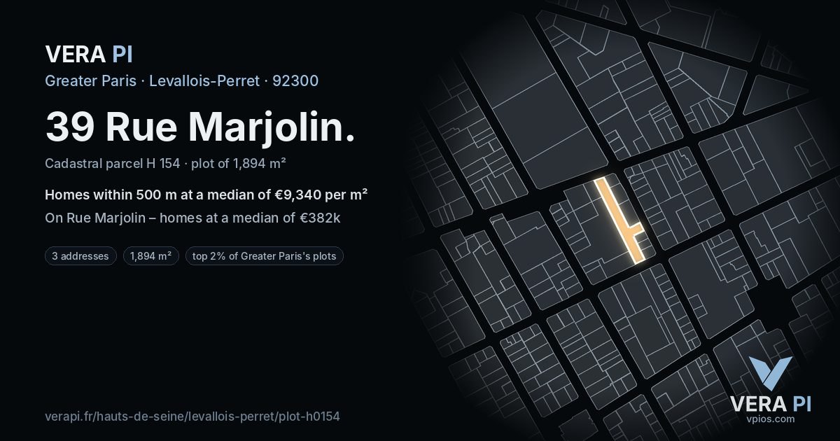 39 Rue Marjolin, Levallois-Perret at night – the plot lit, the parcels around coloured by the prices near them