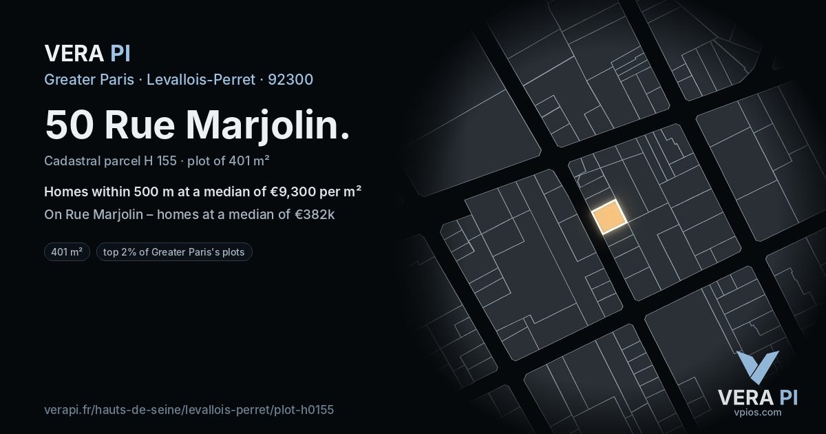 50 Rue Marjolin, Levallois-Perret at night – the plot lit, the parcels around coloured by the prices near them