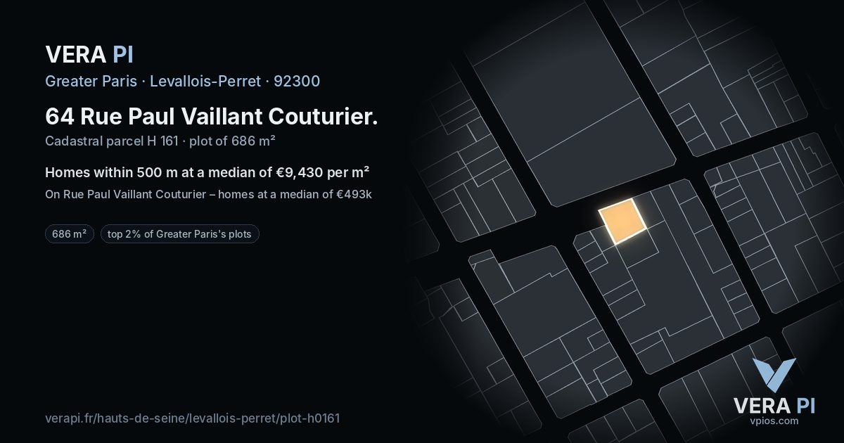 64 Rue Paul Vaillant Couturier, Levallois-Perret at night – the plot lit, the parcels around coloured by the prices near them