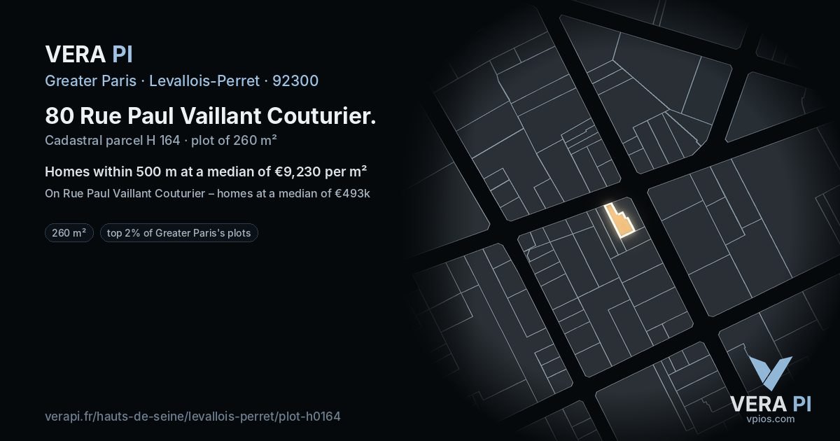80 Rue Paul Vaillant Couturier, Levallois-Perret at night – the plot lit, the parcels around coloured by the prices near them