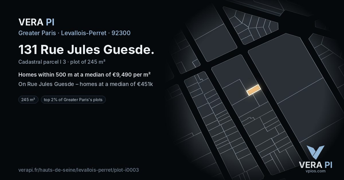 131 Rue Jules Guesde, Levallois-Perret at night – the plot lit, the parcels around coloured by the prices near them