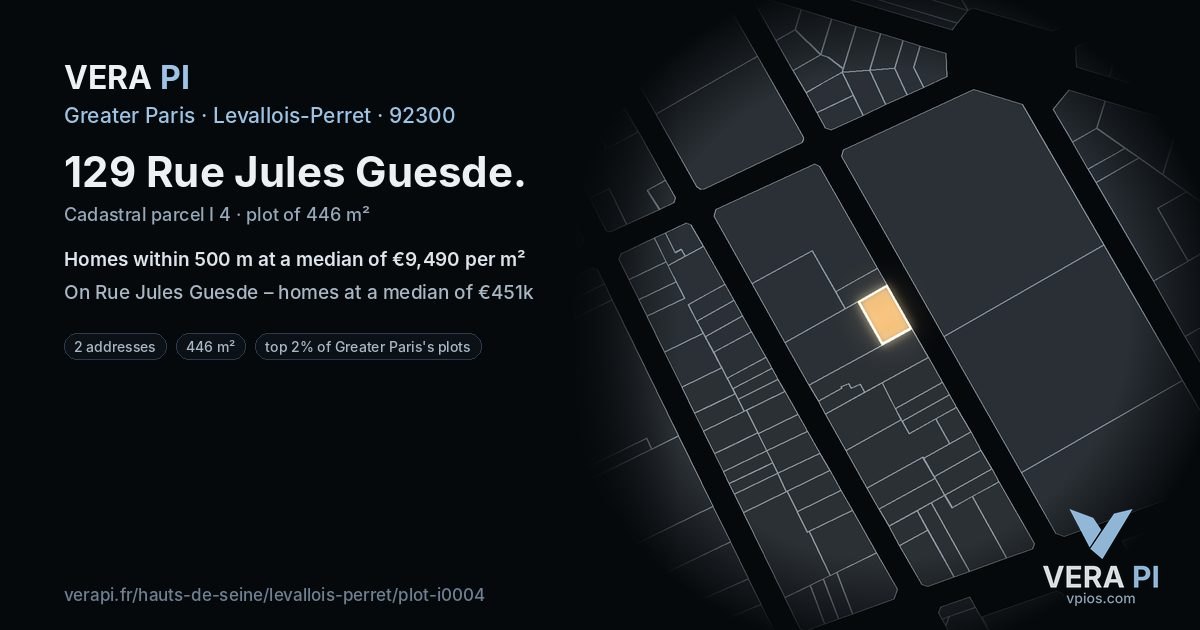 129 Rue Jules Guesde, Levallois-Perret at night – the plot lit, the parcels around coloured by the prices near them