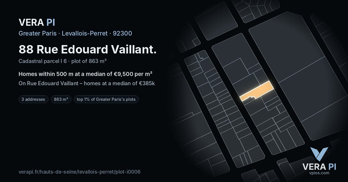 88 Rue Edouard Vaillant, Levallois-Perret at night – the plot lit, the parcels around coloured by the prices near them