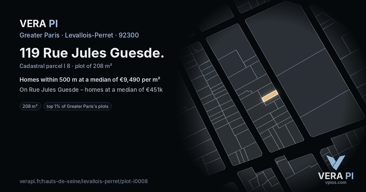 119 Rue Jules Guesde, Levallois-Perret at night – the plot lit, the parcels around coloured by the prices near them