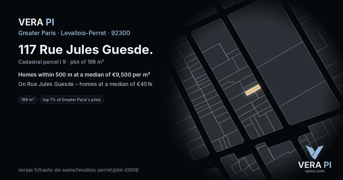 117 Rue Jules Guesde, Levallois-Perret at night – the plot lit, the parcels around coloured by the prices near them