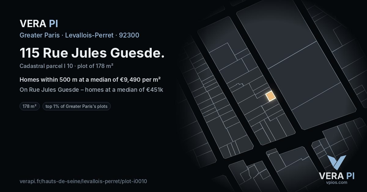115 Rue Jules Guesde, Levallois-Perret at night – the plot lit, the parcels around coloured by the prices near them