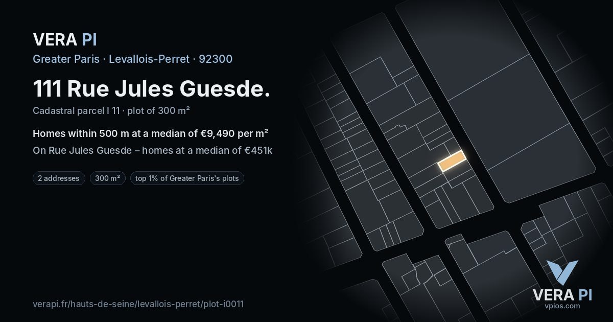 111 Rue Jules Guesde, Levallois-Perret at night – the plot lit, the parcels around coloured by the prices near them