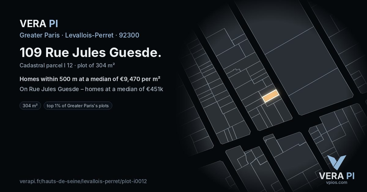 109 Rue Jules Guesde, Levallois-Perret at night – the plot lit, the parcels around coloured by the prices near them
