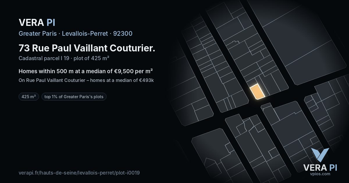 73 Rue Paul Vaillant Couturier, Levallois-Perret at night – the plot lit, the parcels around coloured by the prices near them