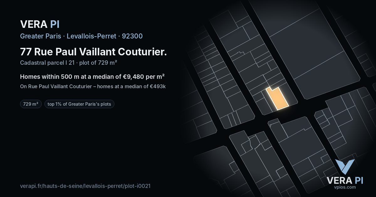 77 Rue Paul Vaillant Couturier, Levallois-Perret at night – the plot lit, the parcels around coloured by the prices near them