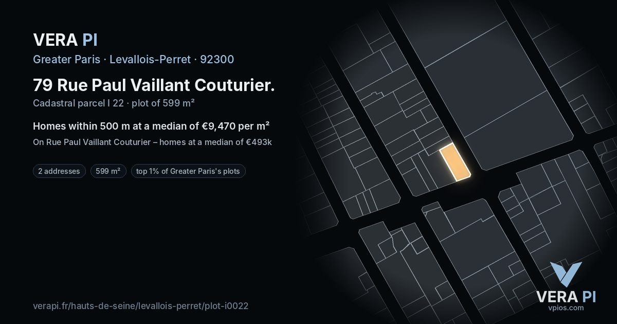 79 Rue Paul Vaillant Couturier, Levallois-Perret at night – the plot lit, the parcels around coloured by the prices near them