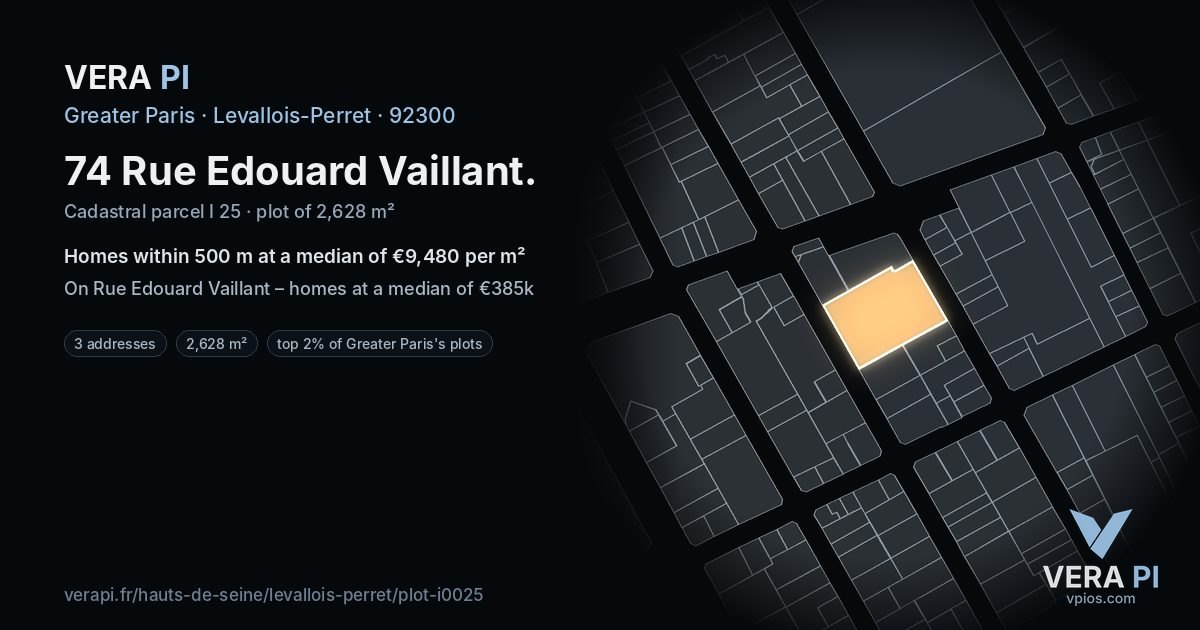 74 Rue Edouard Vaillant, Levallois-Perret at night – the plot lit, the parcels around coloured by the prices near them