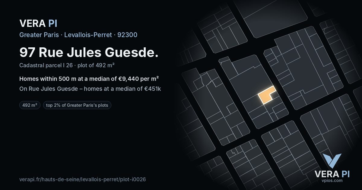 97 Rue Jules Guesde, Levallois-Perret at night – the plot lit, the parcels around coloured by the prices near them