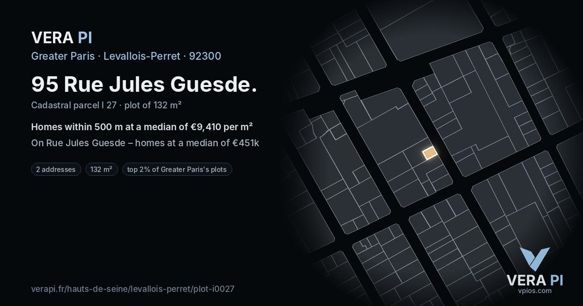 95 Rue Jules Guesde, Levallois-Perret at night – the plot lit, the parcels around coloured by the prices near them