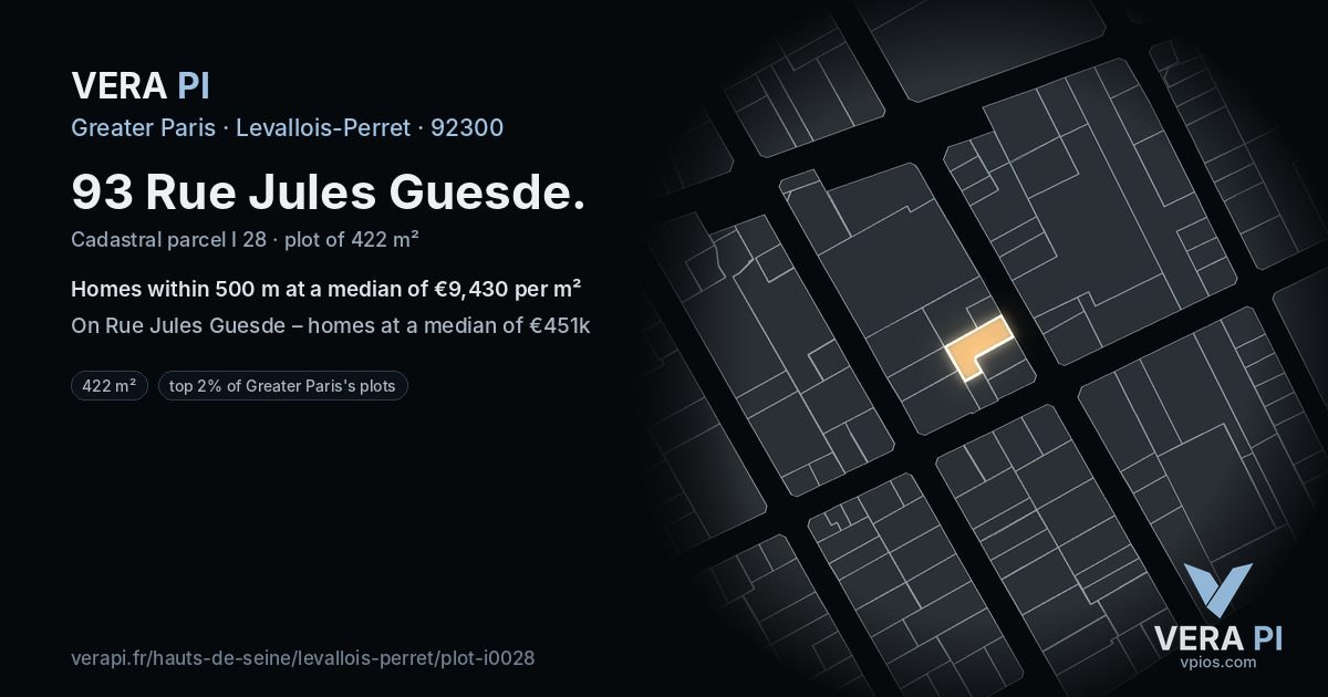 93 Rue Jules Guesde, Levallois-Perret at night – the plot lit, the parcels around coloured by the prices near them