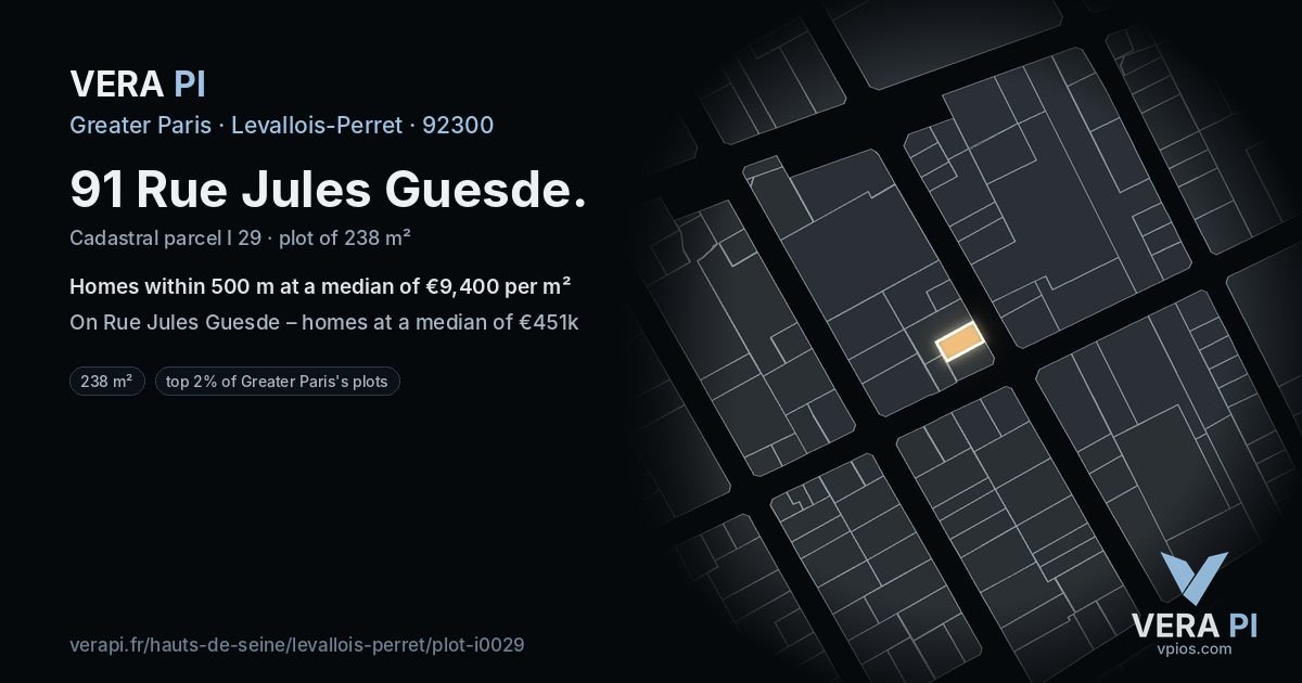 91 Rue Jules Guesde, Levallois-Perret at night – the plot lit, the parcels around coloured by the prices near them