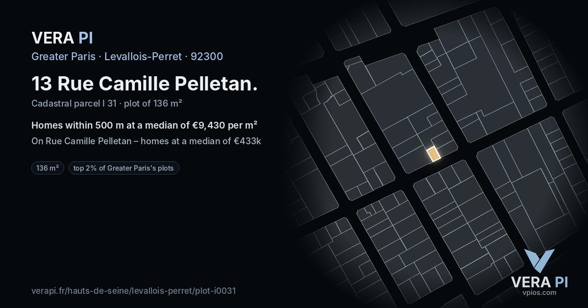 13 Rue Camille Pelletan, Levallois-Perret at night – the plot lit, the parcels around coloured by the prices near them