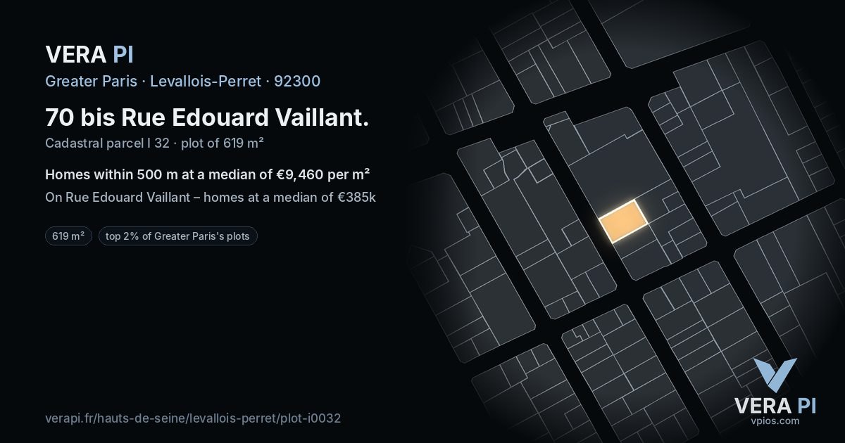 70 bis Rue Edouard Vaillant, Levallois-Perret at night – the plot lit, the parcels around coloured by the prices near them