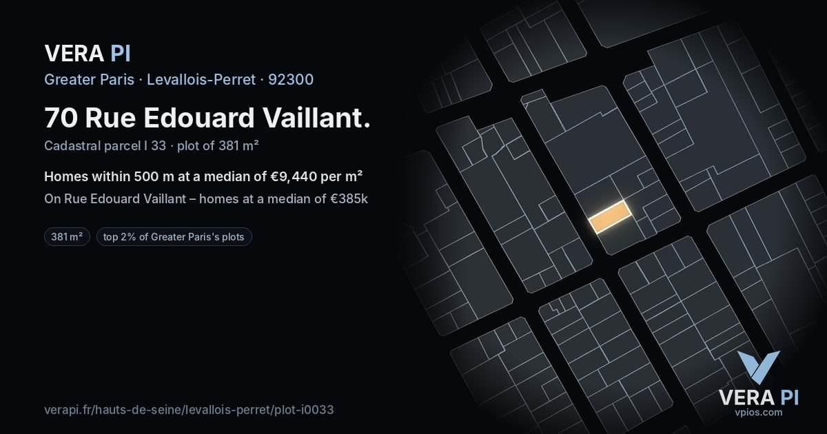 70 Rue Edouard Vaillant, Levallois-Perret at night – the plot lit, the parcels around coloured by the prices near them