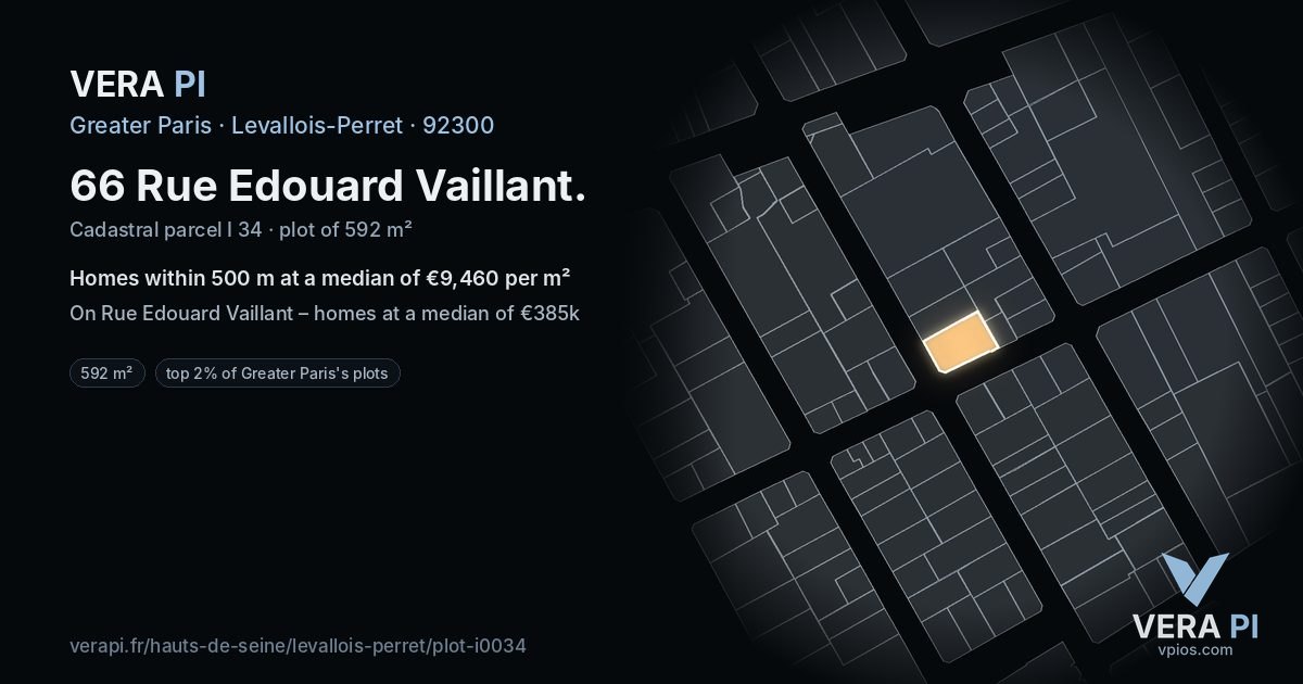 66 Rue Edouard Vaillant, Levallois-Perret at night – the plot lit, the parcels around coloured by the prices near them