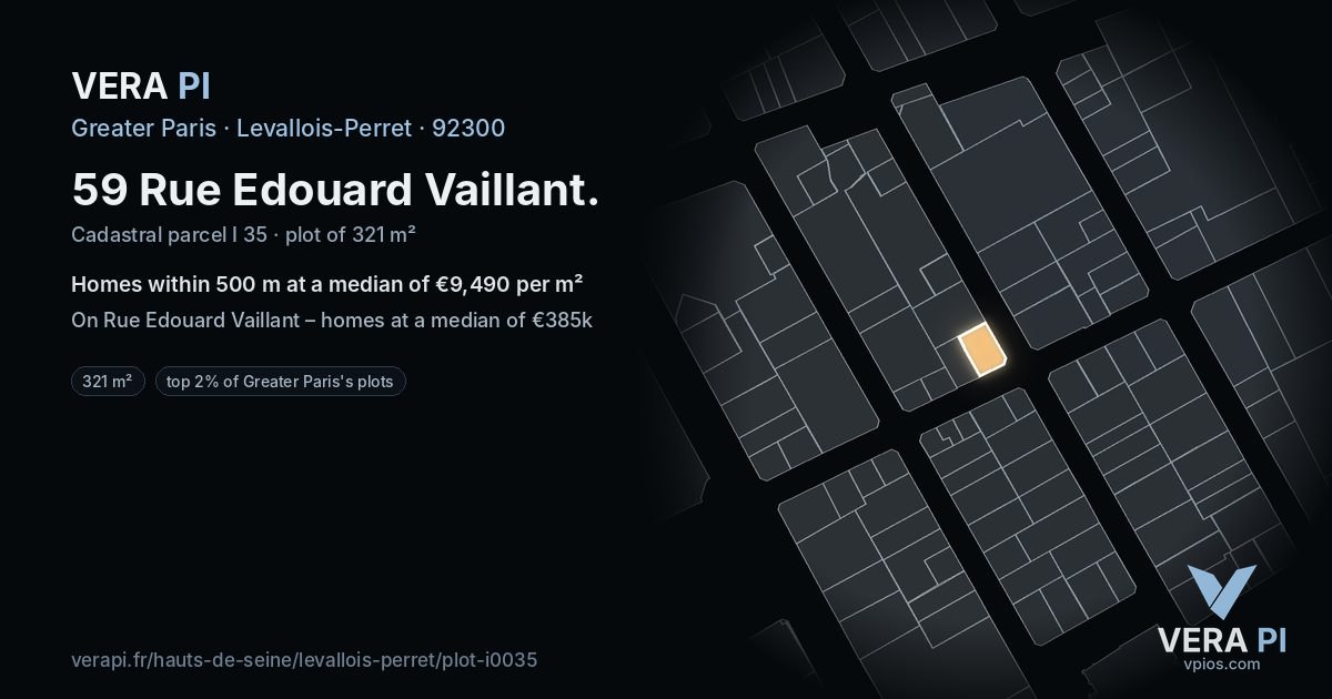 59 Rue Edouard Vaillant, Levallois-Perret at night – the plot lit, the parcels around coloured by the prices near them