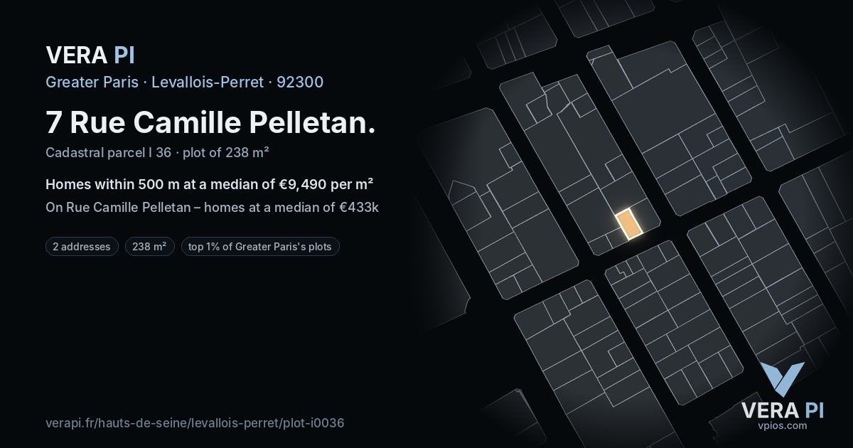 7 Rue Camille Pelletan, Levallois-Perret at night – the plot lit, the parcels around coloured by the prices near them