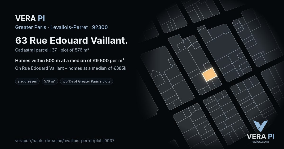 63 Rue Edouard Vaillant, Levallois-Perret at night – the plot lit, the parcels around coloured by the prices near them