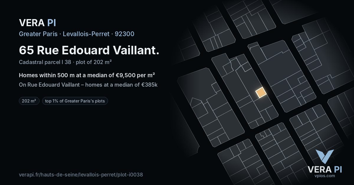 65 Rue Edouard Vaillant, Levallois-Perret at night – the plot lit, the parcels around coloured by the prices near them