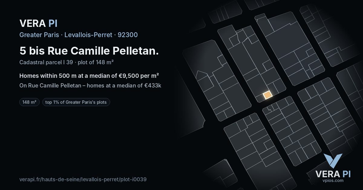 5 bis Rue Camille Pelletan, Levallois-Perret at night – the plot lit, the parcels around coloured by the prices near them