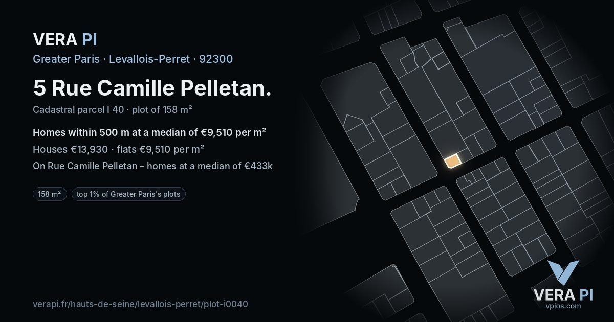 5 Rue Camille Pelletan, Levallois-Perret at night – the plot lit, the parcels around coloured by the prices near them