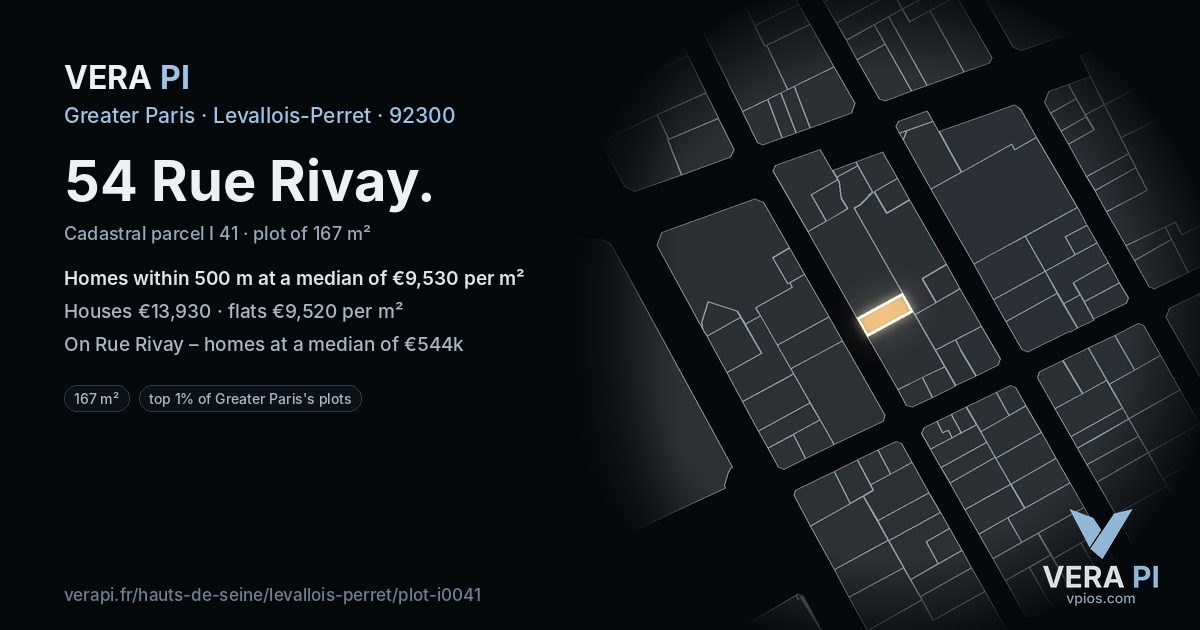 54 Rue Rivay, Levallois-Perret at night – the plot lit, the parcels around coloured by the prices near them